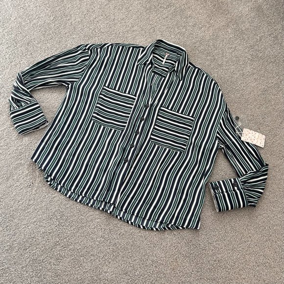 Free People Loose Blouse in Blue/White/Black Stripes SMALL - W558 - Picture 5 of 10